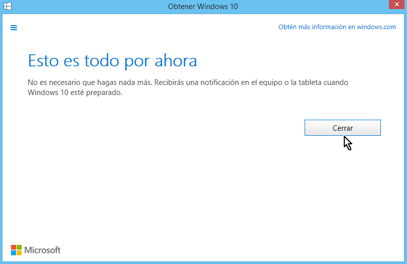 Botón para Cerrar la ventana y terminar con la reservación en cómo reservar tu copia de Windows 10 gratis