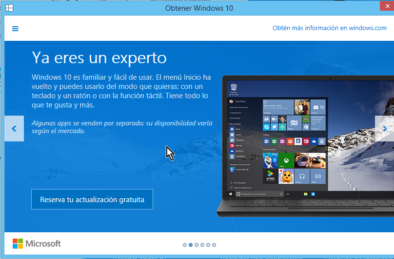 Ventana que explica el regreso del menú de Inicio en cómo reservar tu copia de Windows 10 gratis