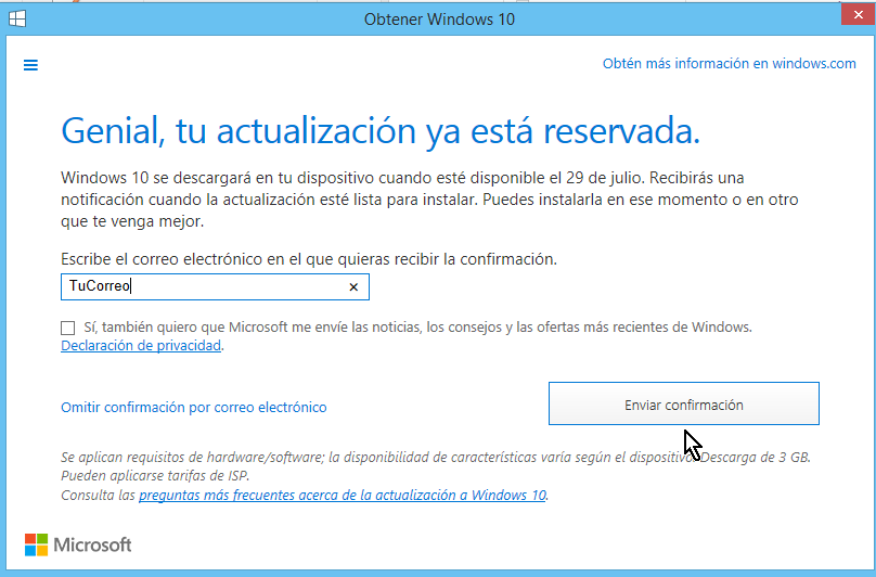 Botón para Enviar confirmación y reservar Window 10 en cómo reservar tu copia de Windows 10 gratis