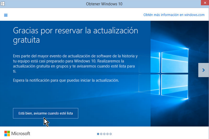 Pantalla indicando el estatus para obtener Windows 10 en cómo descargar e instalar Windows 10 inmediatamente