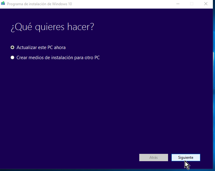 Selección de la opción Actualizar este PC a Windows 10 en cómo descargar e instalar Windows 10 inmediatamente