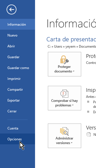 Botón para acceder las Opciones de Word en cómo eliminar elementos de la lista de Documentos recientes en Office 2013