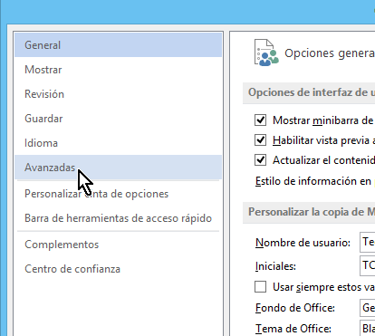 Enlace para acceder las opciones Avanzadas de Word en cómo eliminar elementos de la lista de Documentos recientes en Office 2013
