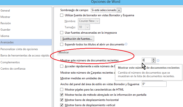 Opción para configurar la cantidad de Documentos recientes en cómo eliminar elementos de la lista de Documentos recientes en Office 2013