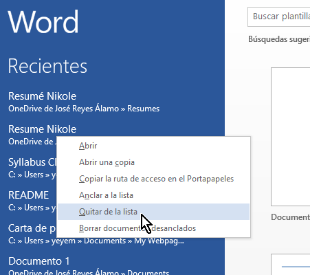 Clic derecho sobre un documento reciente en cómo eliminar elementos de la lista de Documentos recientes en Office 2013
