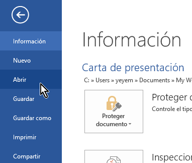 Opción Abrir de Word en cómo eliminar elementos de la lista de Documentos recientes en Office 2013