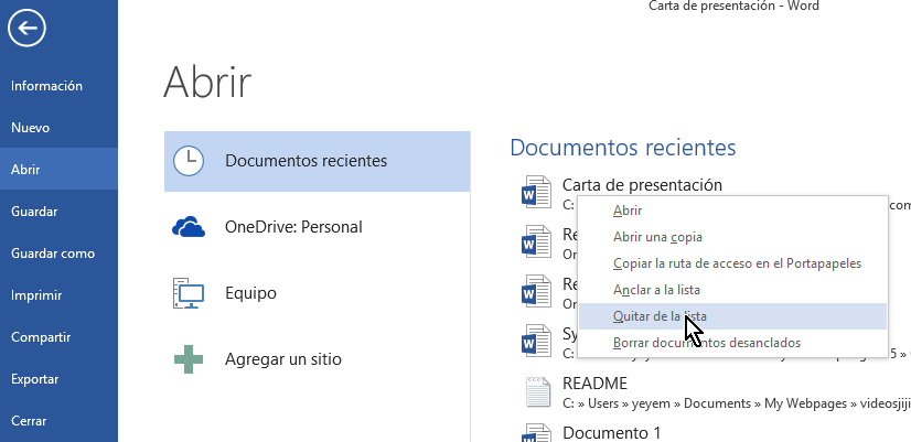 Opción para quitar de la lista en cómo eliminar elementos de la lista de Documentos recientes en Office 2013