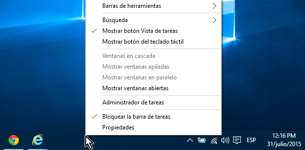 Menú de la barra de tareas en cómo ocultar el cuadro de búsqueda en el Escritorio de Windows 10