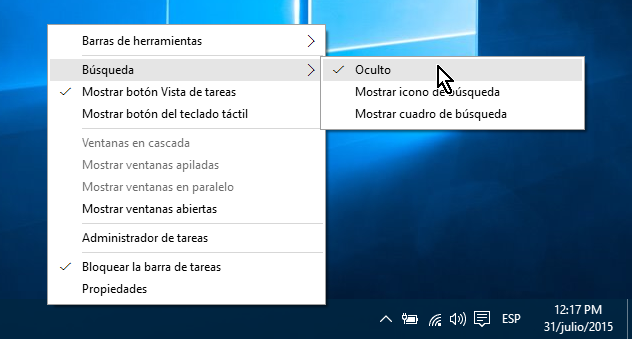 Opción Oculto del menú de la barra de tareas en cómo ocultar el cuadro de búsqueda en el Escritorio de Windows 10