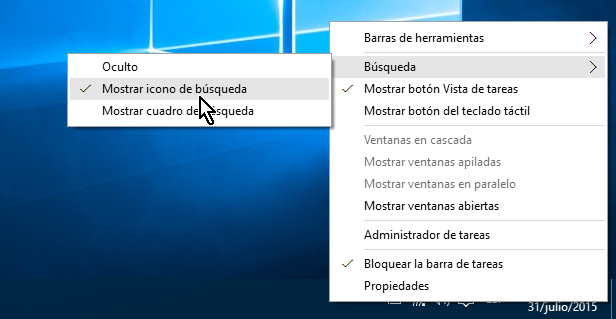 Opción para mostrar el ícono de búsqueda en cómo ocultar el cuadro de búsqueda en el Escritorio de Windows 10