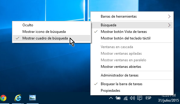 La opción para restablecer el cuadro de búsqueda en cómo ocultar el cuadro de búsqueda en el Escritorio de Windows 10