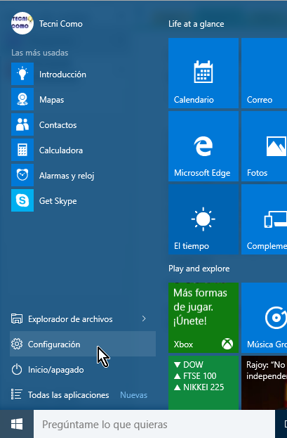 Opción de Configuración en el menú Inicio en cómo ocultar la Papelera de reciclaje del Escritorio en Windows 10