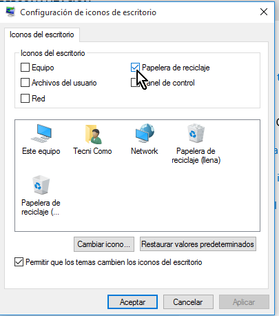 Desmarcando la casilla de la Papelera de reciclaje en cómo ocultar la Papelera de reciclaje del Escritorio en Windows 10