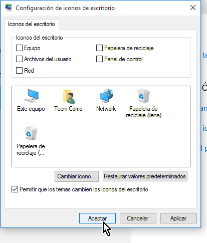 Botón Aceptar para aplicar los cambios en cómo ocultar la Papelera de reciclaje del Escritorio en Windows 10