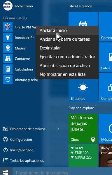 Opción para anclar ícono de aplicación más usada en cómo añadir íconos al menú de Inicio de Windows 10
