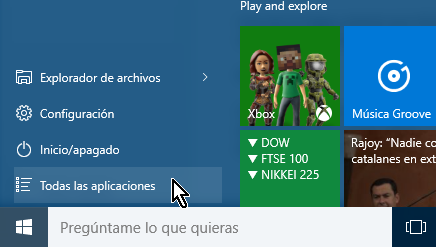 Botón para acceder a todas las aplicaciones en cómo añadir íconos al menú de Inicio de Windows 10