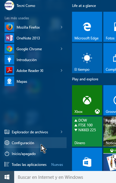 Opción configuración del menú Inicio en cómo cambiar el navegador predeterminado en Windows 10