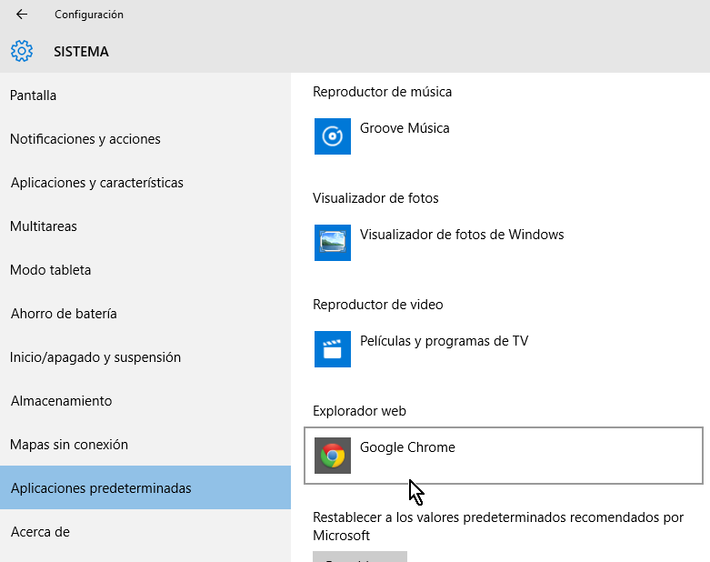 Ejemplo cambiando el exploradore predeterminado a Google Chrome en cómo cambiar el navegador predeterminado en Windows 10