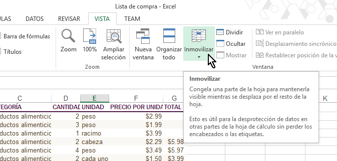 Botón Inmovilizar bajo Ventana en cómo inmovilizar filas y columnas en Excel 2013