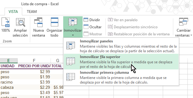 Botón para Inmovilizar fila superior en cómo inmovilizar filas y columnas en Excel 2013