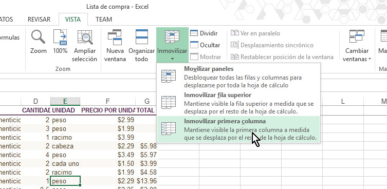 Opción para Inmovilizar primera columna en cómo inmovilizar filas y columnas en Excel 2013