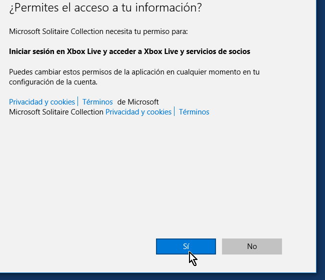 Pantalla preguntando los permisos para tu información en cómo jugar solitario en Windows 10