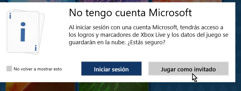 Opción para jugar solitario como invitado en cómo jugar solitario en Windows 10
