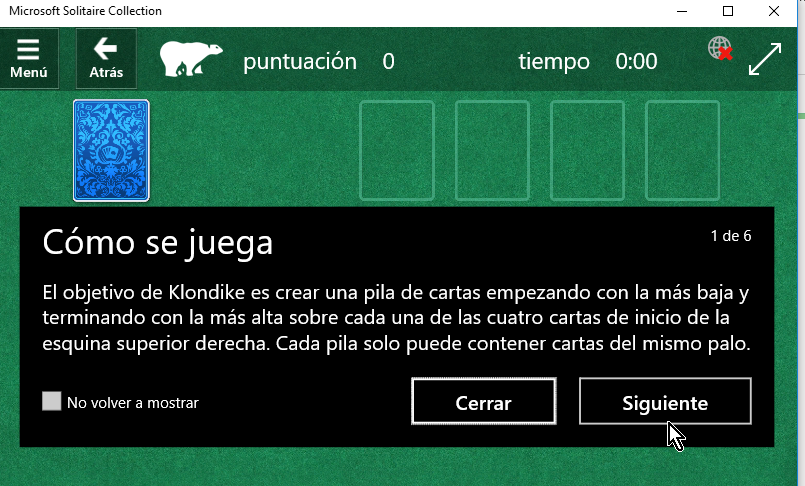Ventana emergente mostrando las instrucciones del juego solitario en cómo jugar solitario en Windows 10