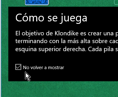 Casilla para no mostrar las instrucciones del juego solitario en cómo jugar solitario en Windows 10