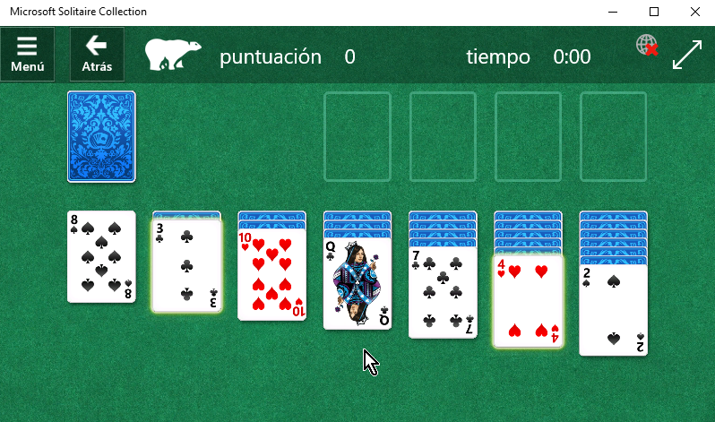 Pantalla principal del juego solitario en cómo jugar solitario en Windows 10
