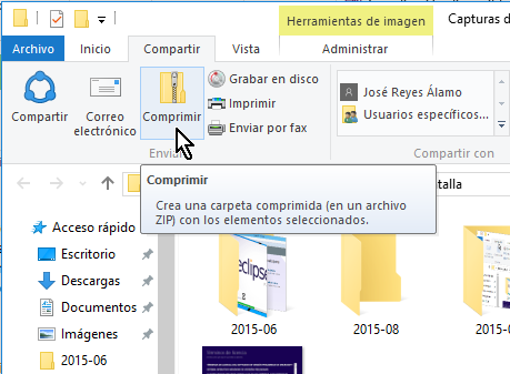 Botón Comprimir de la pestaña Compartir en cómo comprimir archivos en Windows 10 fácilmente