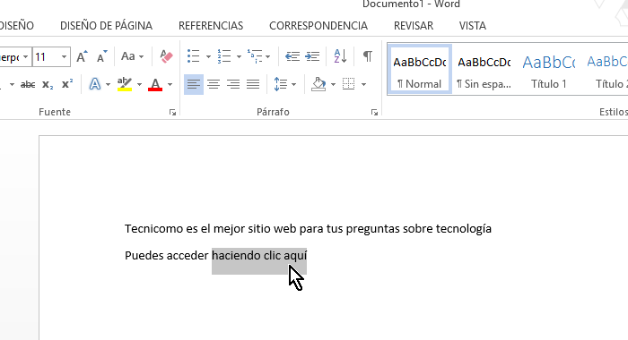 Texto sombreado para agregarle un enlace o hipervínculo
