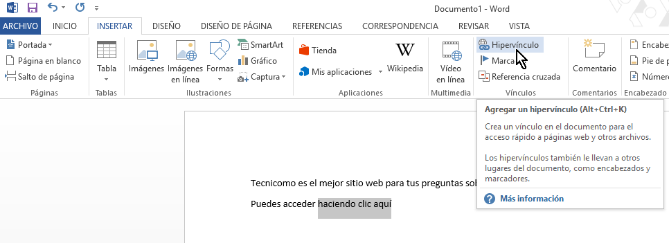 Botón Hipervínculos para agreagar un enlece a una página web desde el documento de Word 2013
