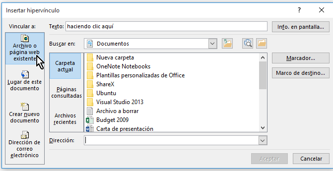 De la sección Vincular a seleccionar Archivo o página web existente
