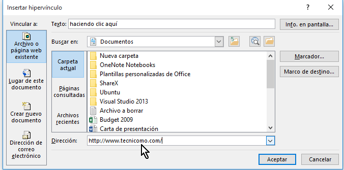 Entrando la página web a vincular en la caja de texto provista