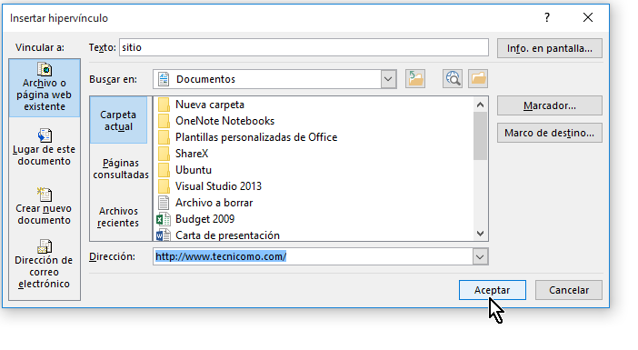 Botón Aceptar para insertar el enlace o hipervínculo a documento de Word