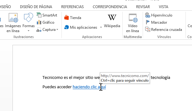 Documento original mostrando el texto seleccionado con enlace debidamente insertado