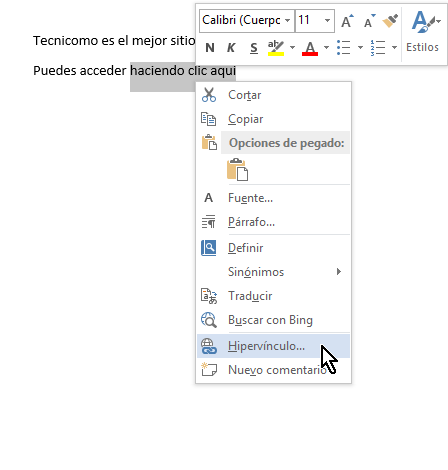 Opción Hipervínculo del menú mostrado luego de hacer clic derecho