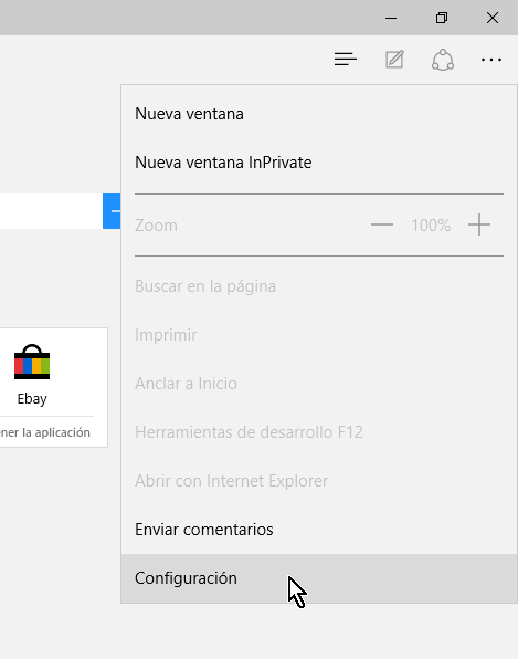 Opción Configuración del menú de Microsoft Edge en cómo habilitar o deshabilitar Adobe Flash Player en Microsoft Edge