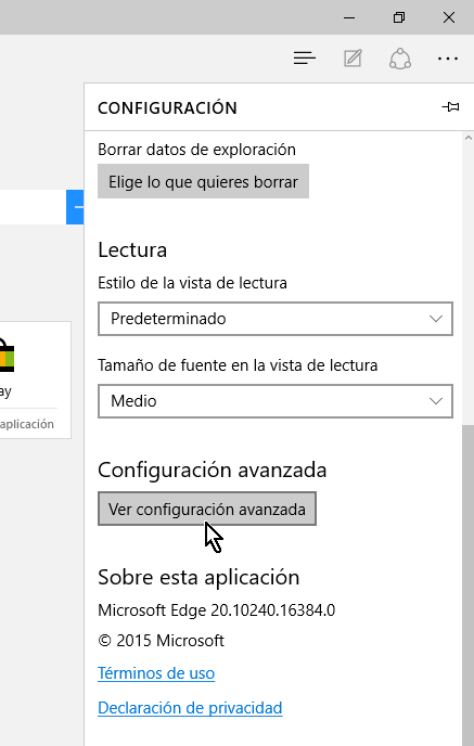 Botón Ver configuración avanzada de Microsoft Edge en cómo habilitar o deshabilitar Adobe Flash Player en Microsoft Edge