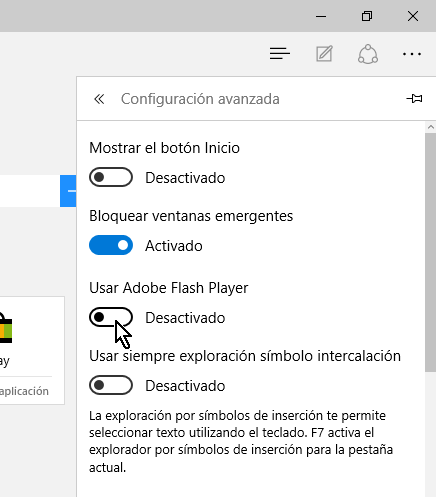 Desactivando el control deslizable que dice Usar Adobe Flash Player en cómo habilitar o deshabilitar Adobe Flash Player en Microsoft Edge