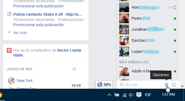 Botón Opciones para acceder la configuración del chat en cómo ocultar tu estado en línea en Facebook