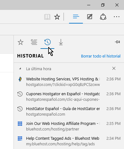 Botón para mostrar el Historial en cómo borrar el historial de Microsoft Edge