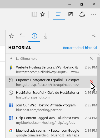 Botón X para borrar un elemento individual del historial en cómo borrar el historial de Microsoft Edge
