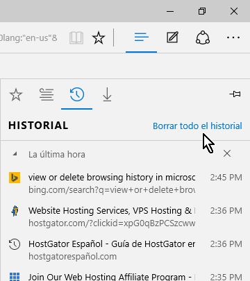 Opción Borrar todo el historial en cómo borrar el historial de Microsoft Edge