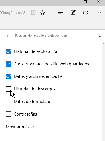 Casillas para indicar los datos de exploración a borrar en cómo borrar el historial de Microsoft Edge