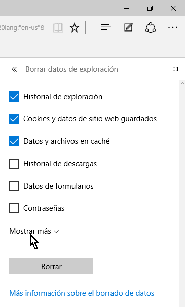 Opción Mostrar más en cómo borrar el historial de Microsoft Edge