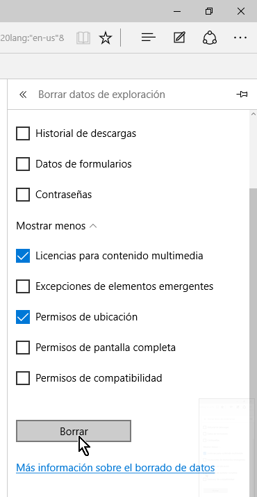 Botón Borrar en cómo borrar el historial de Microsoft Edge