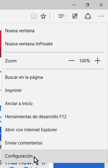 Opción Configuración del menú en cómo mostrar la barra de favoritos en Microsoft Edge