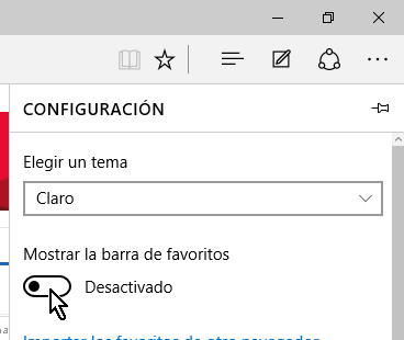 Botón deslizable desactivado en cómo mostrar la barra de favoritos en Microsoft Edge